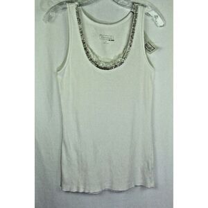 ABS Essentials Top XL White Ribbed Tank Beaded Bugle Beads Embellished Women New